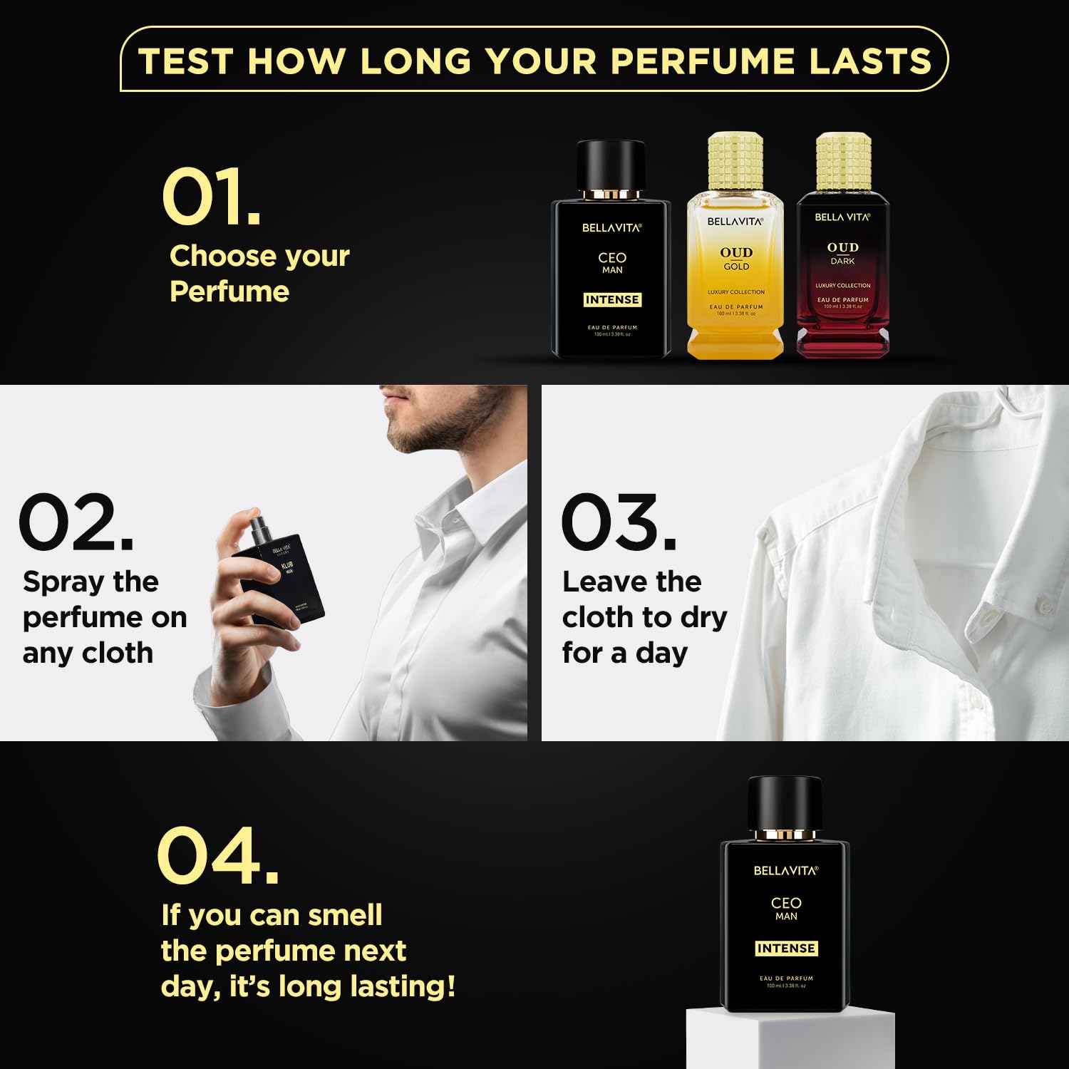 Bellavita Premium CEO Man Intense Eau De Perfume bottle by Wukusy, 100ml, with sleek design and luxurious fragrance.