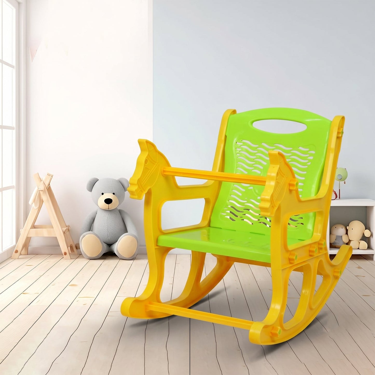 Kids plastic rocking horse chair by Wukusy with backrest, designed as a baby rocking seat for children.