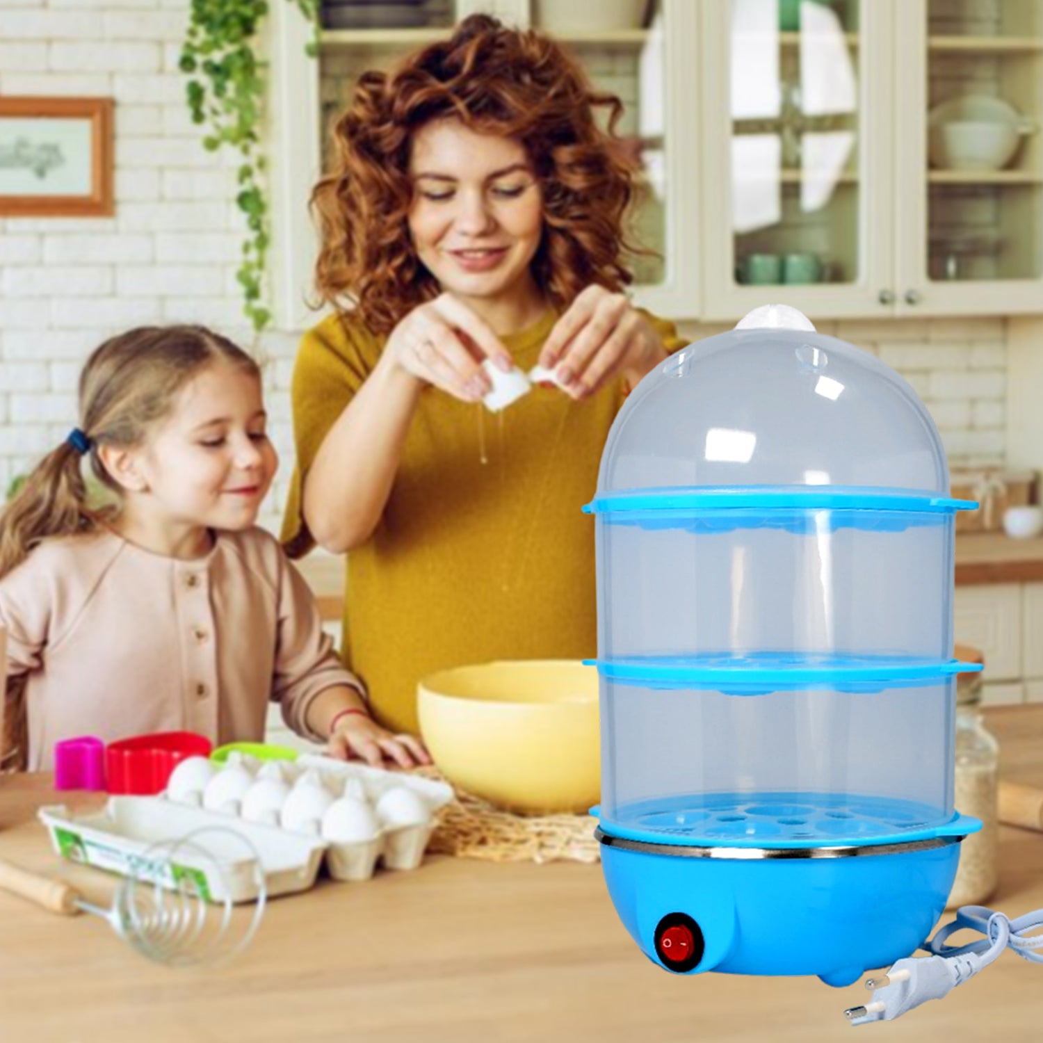Wukusy 2902 3-floor electric egg boiler cooker with stainless steel trays and control panel, ready to cook eggs efficiently.
