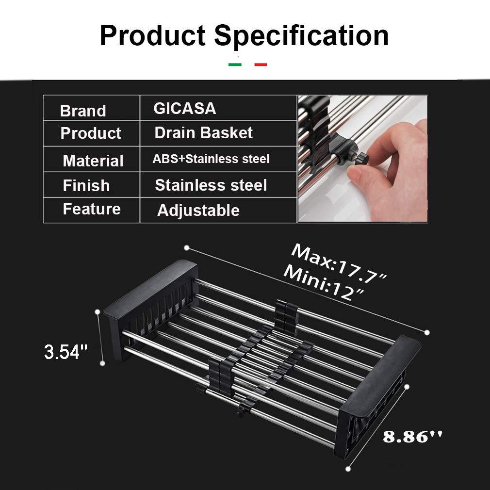 Wukusy stainless steel expandable kitchen sink dish drainer with multiple slots for drying dishes and utensils.