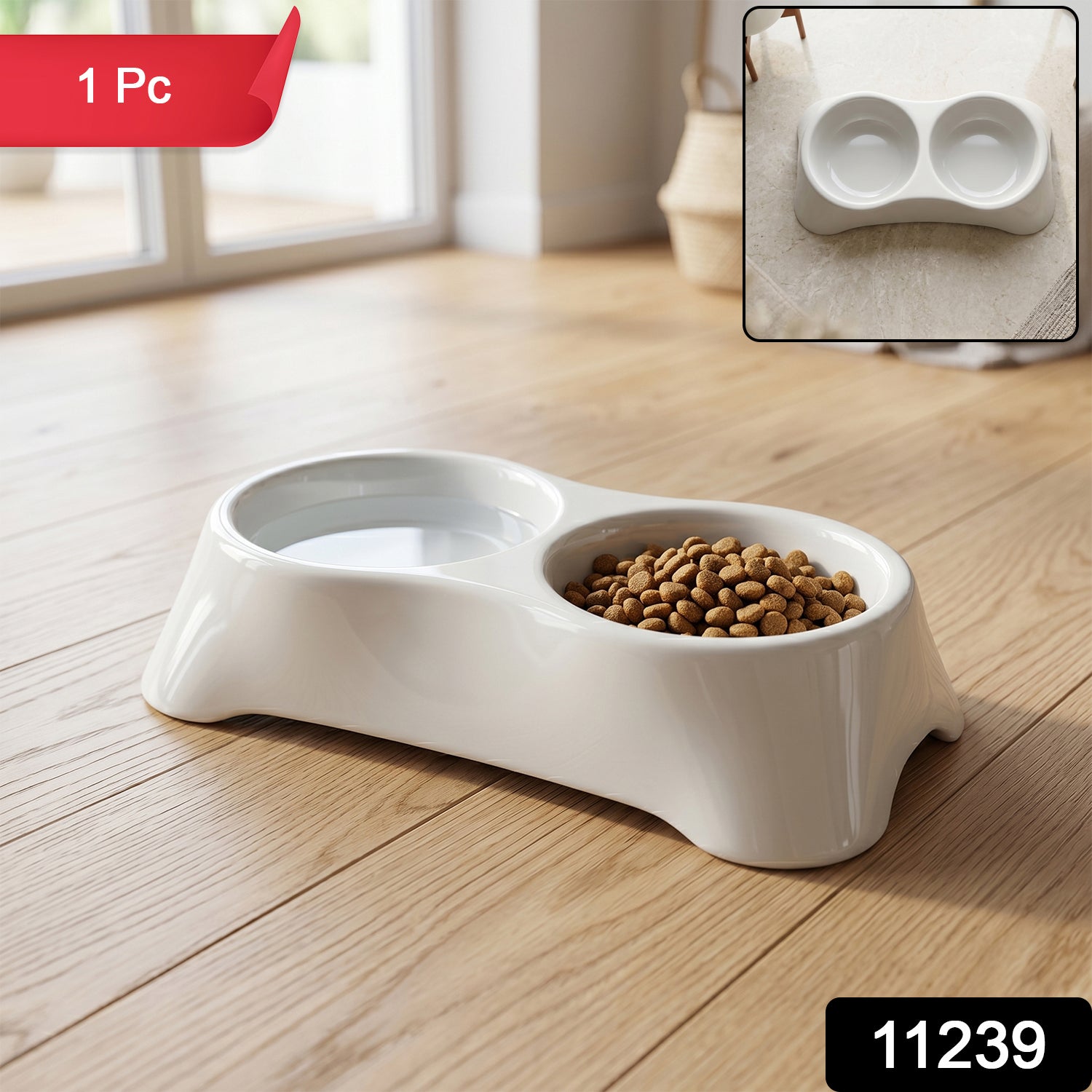 Wukusy dual pet food and water feeding tray with two bowls for dogs and cats, made of durable plastic.