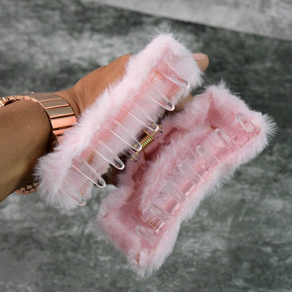 Set of 12 large soft faux fur hair claw clips by Wukusy, ideal for stylish hair styling and secure hold.