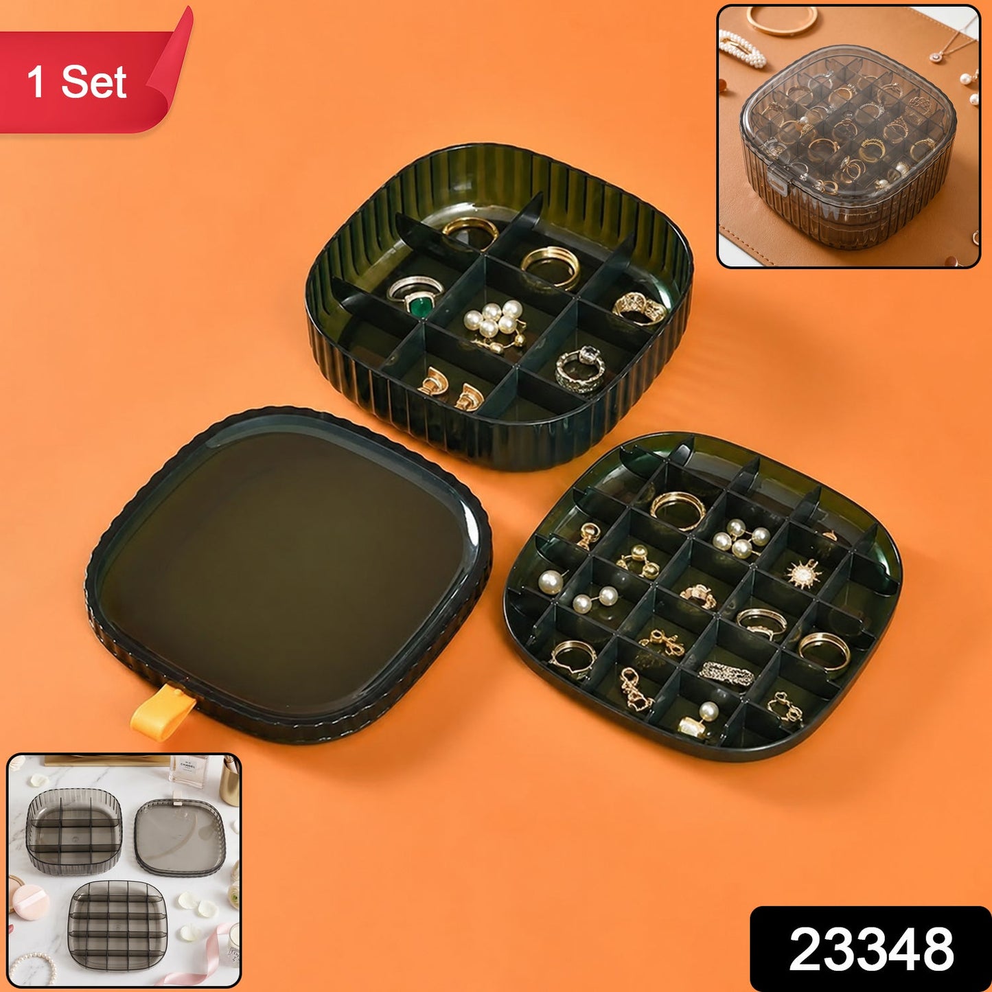 Wukusy plastic multi-compartment jewelry organizer box with stackable design for ring and small jewelry storage, shown with open compartments