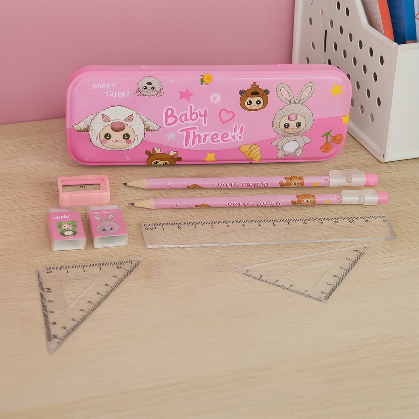 Colorful Wukusy cartoon stationery gift set for kids with 14 pieces including pencils, erasers, and fun themed accessories.