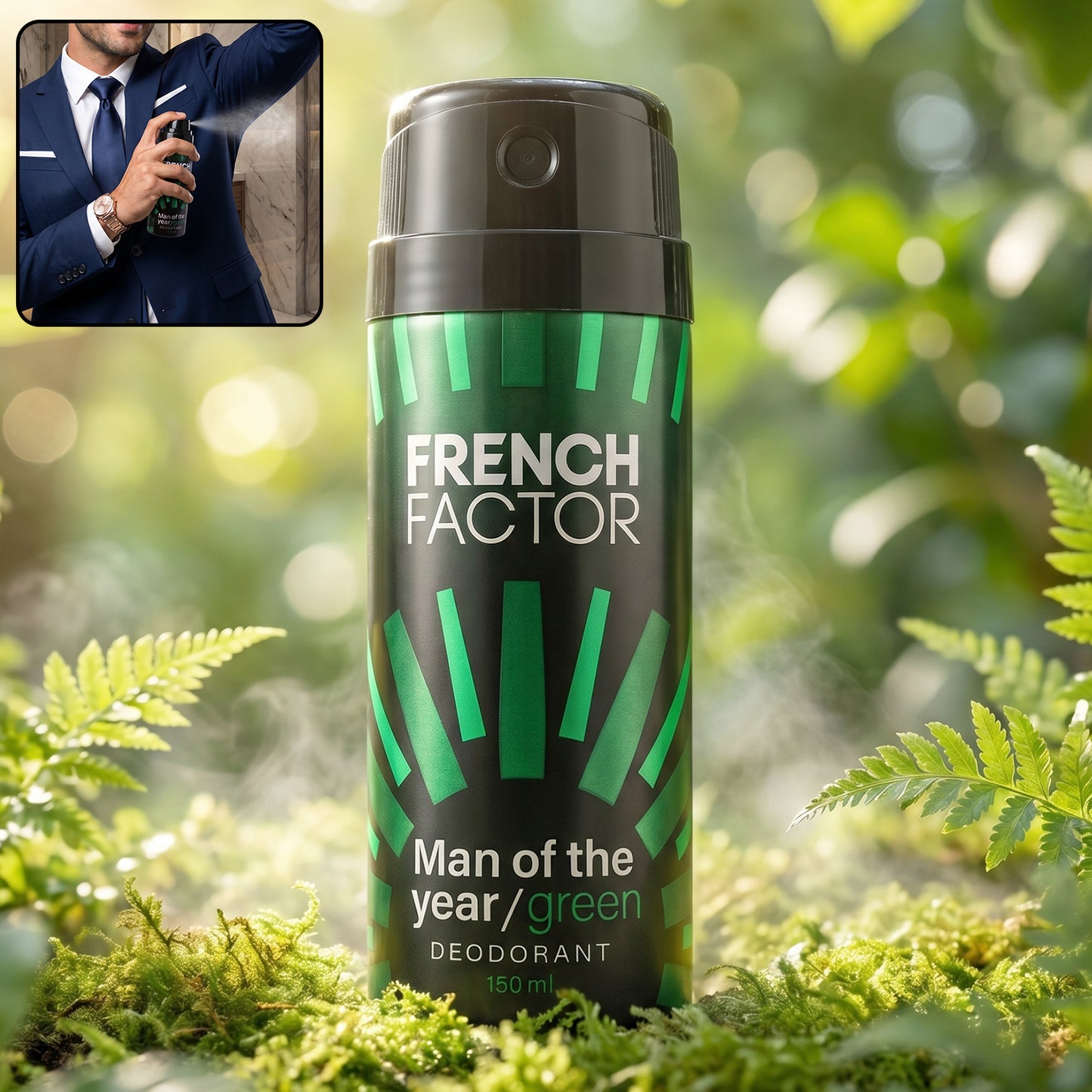 Wukusy French Factor Man Of The Year green body spray bottle, 150 ml, with sleek design and transparent cap.