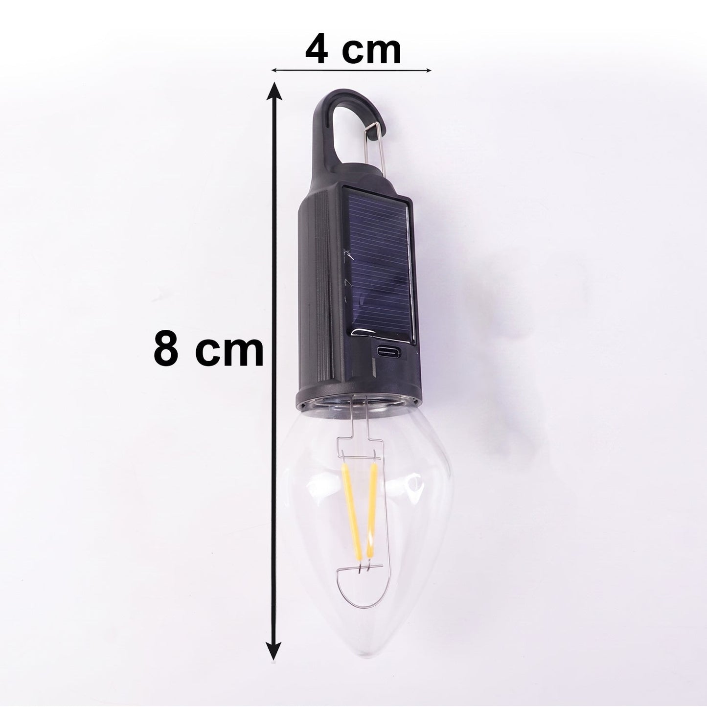 Wukusy solar rechargeable camping lamp with warm LED light, carabiner clip, compact outdoor light for camping and hiking.