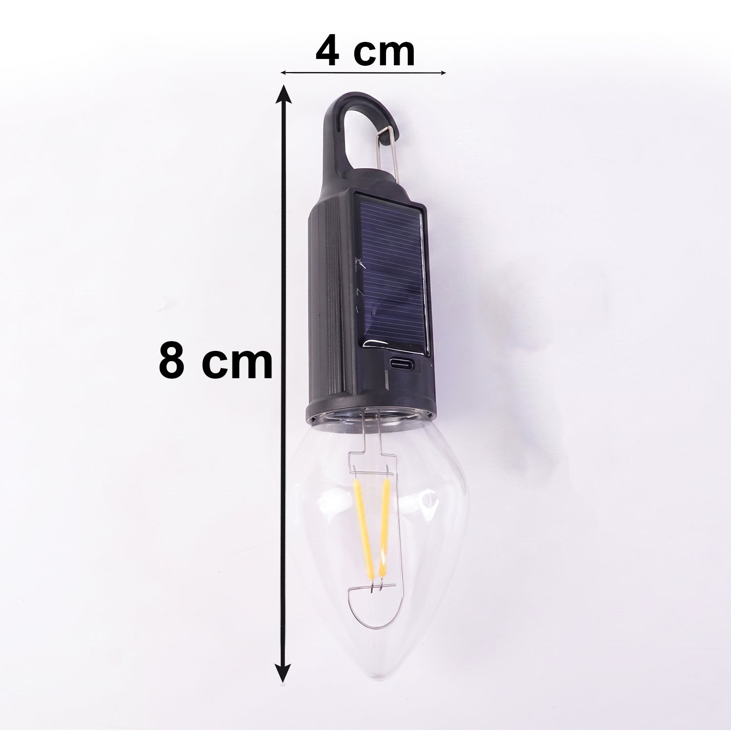Wukusy solar rechargeable camping lamp with warm LED light, carabiner clip, compact outdoor light for camping and hiking.