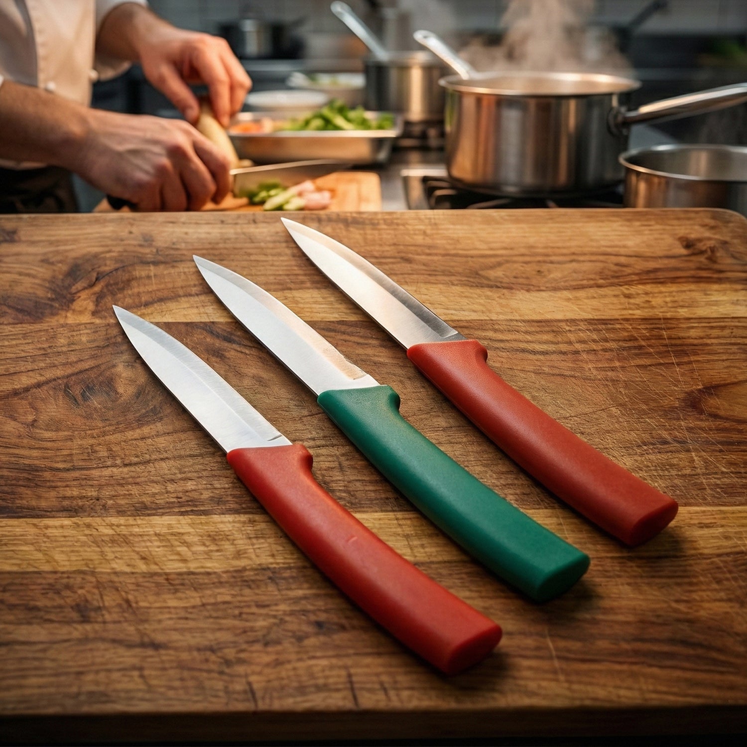 Wukusy multipurpose kitchen fruit and vegetable cutting knife set with three stainless steel knives on a wooden cutting board.