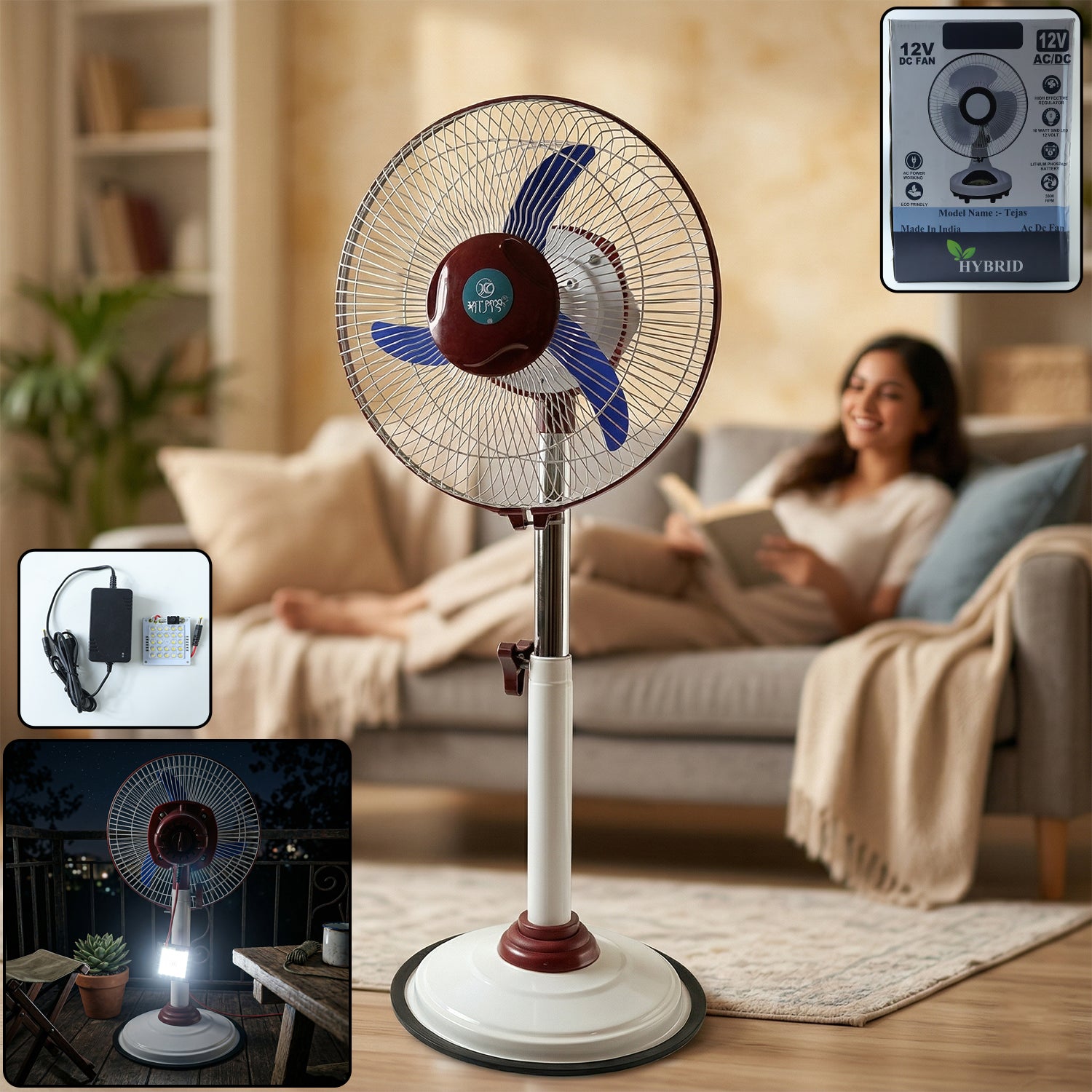 Wukusy Omega 12V rechargeable pedestal fan with LED light, showing the fan's adjustable height and modern design.