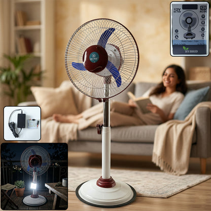 Wukusy Omega 12V rechargeable pedestal fan with LED light, showing the fan's adjustable height and modern design.