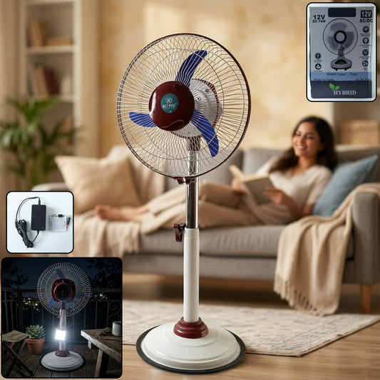 Wukusy Omega 12V rechargeable pedestal fan with LED light, showing the fan's adjustable height and modern design.