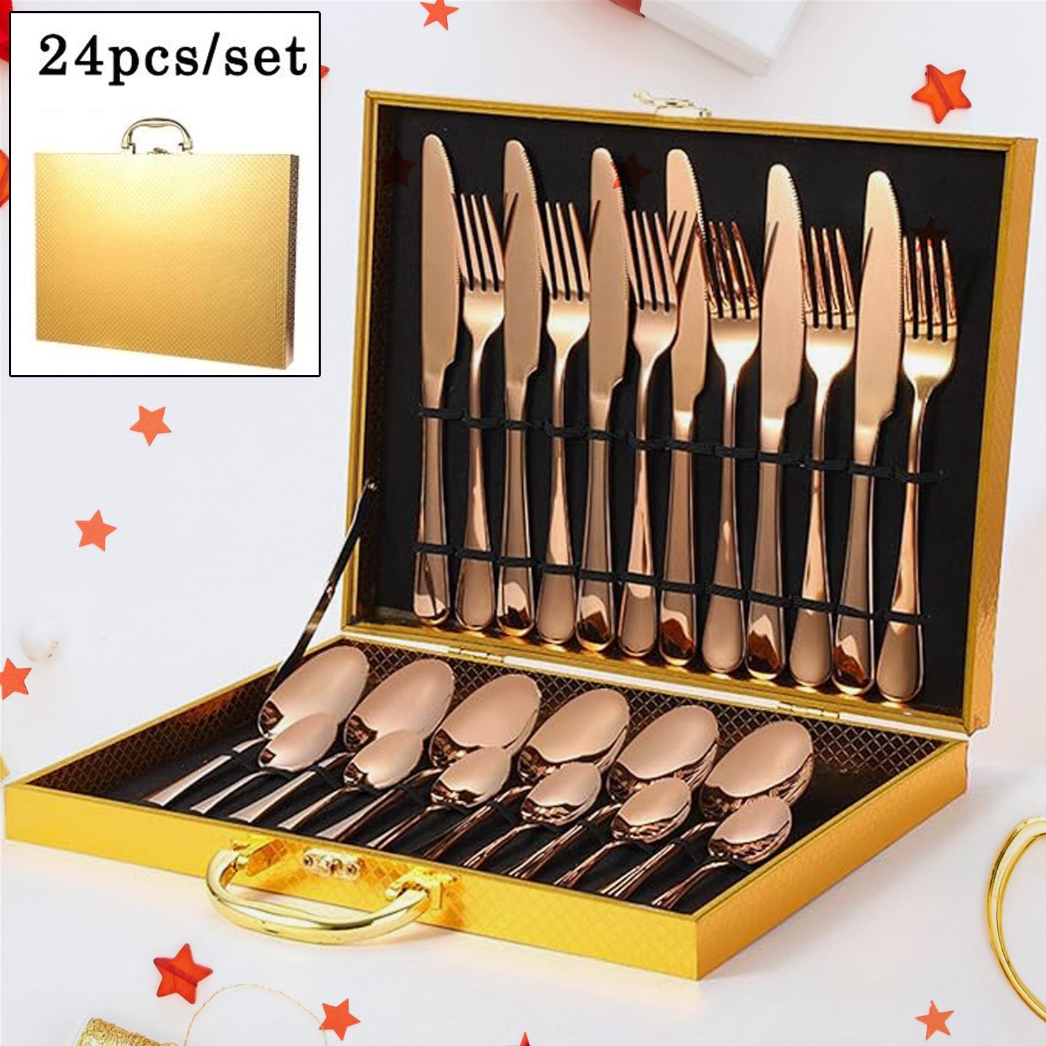 Wukusy 24-piece kitchen flatware set with forks and spoons displayed in a gift box, ideal for dinnerware collection.
