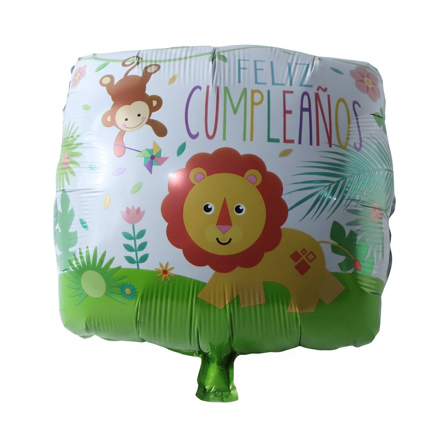 Shiny lion-shaped foil balloon with jungle theme for birthday celebrations, featuring vibrant colors and jungle animal design.