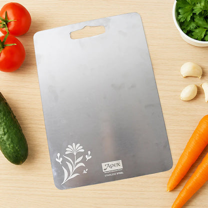 Wukusy Apex large stainless steel multipurpose chopping and cutting board, 260x360mm, in a home kitchen setting
