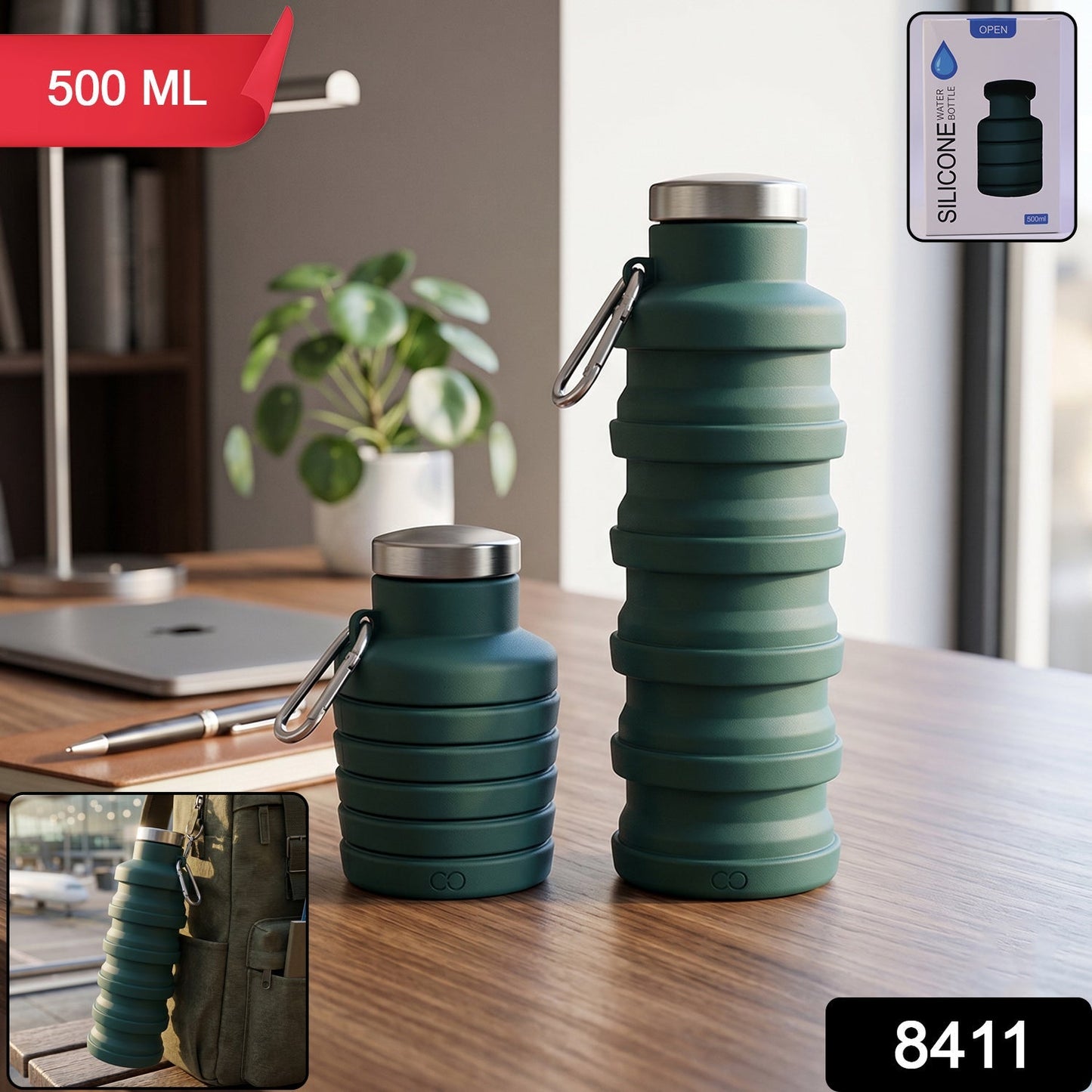 Wukusy silicone foldable travel water bottle 500ml, leak-proof, collapsible design with a secure lid, shown in a compact, folded state.