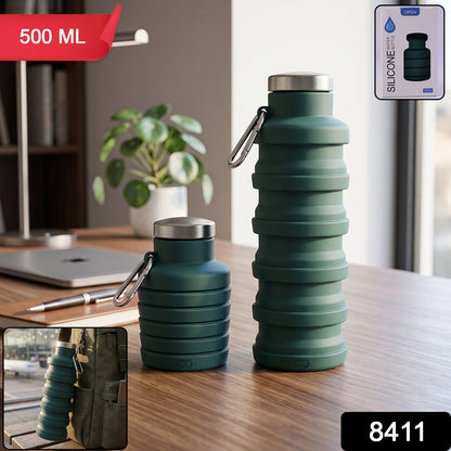 Wukusy silicone foldable travel water bottle 500ml, leak-proof, collapsible design with a secure lid, shown in a compact, folded state.