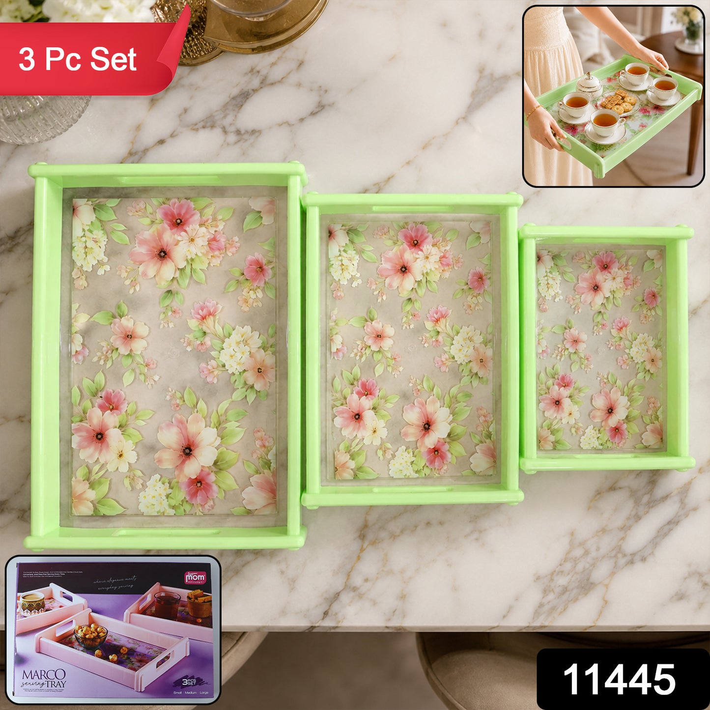 Wukusy Supermom floral printed 3-piece serving tray set with colorful floral designs and sturdy handles for multipurpose use.