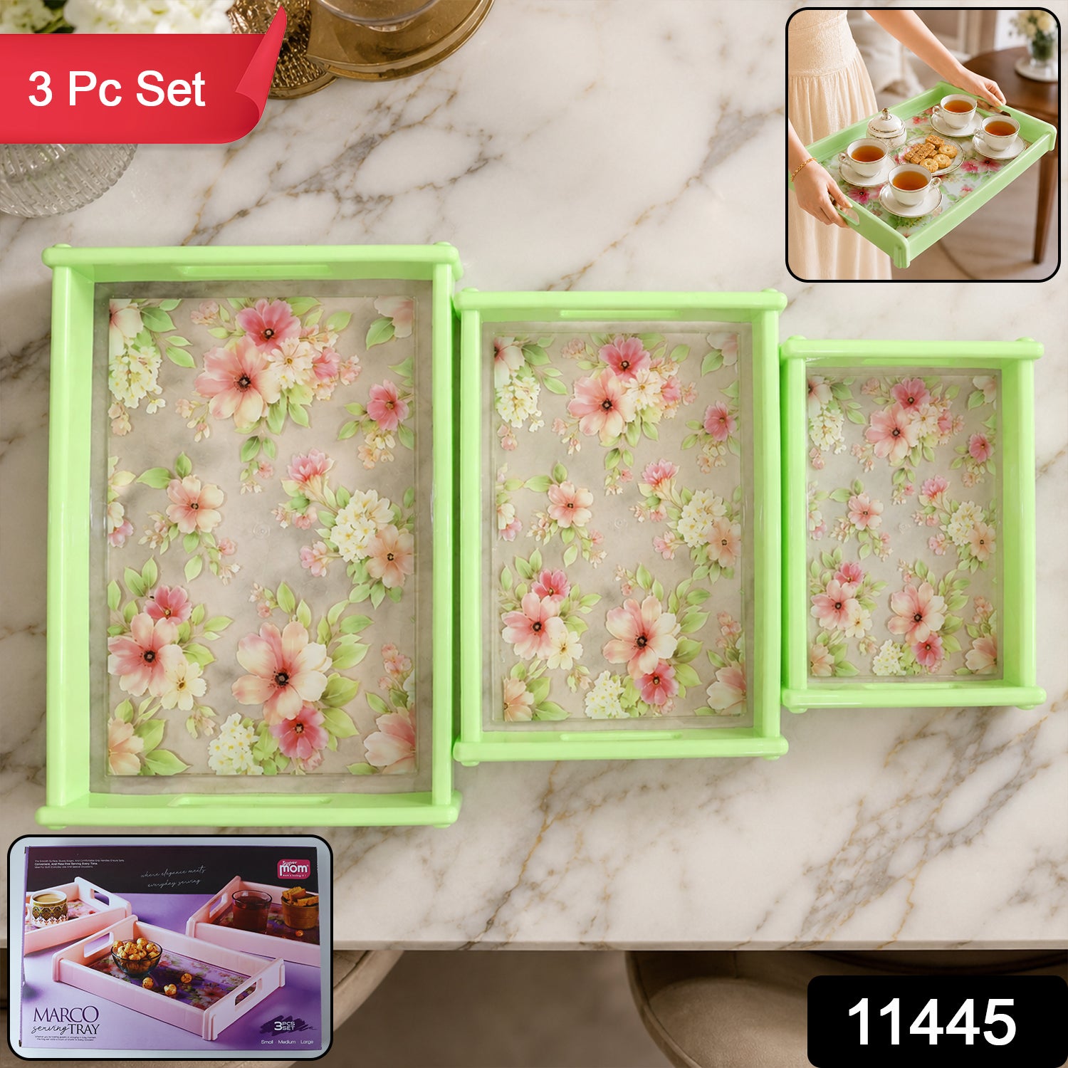 Wukusy Supermom floral printed 3-piece serving tray set with colorful floral designs and sturdy handles for multipurpose use.
