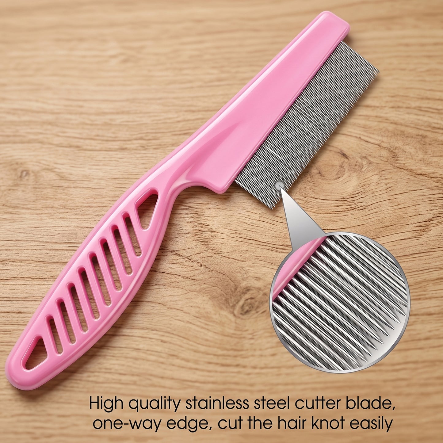 Wukusy pet dog hair removal grooming comb for shedding fur cleaning, shown in close-up with plastic handle and fine teeth.