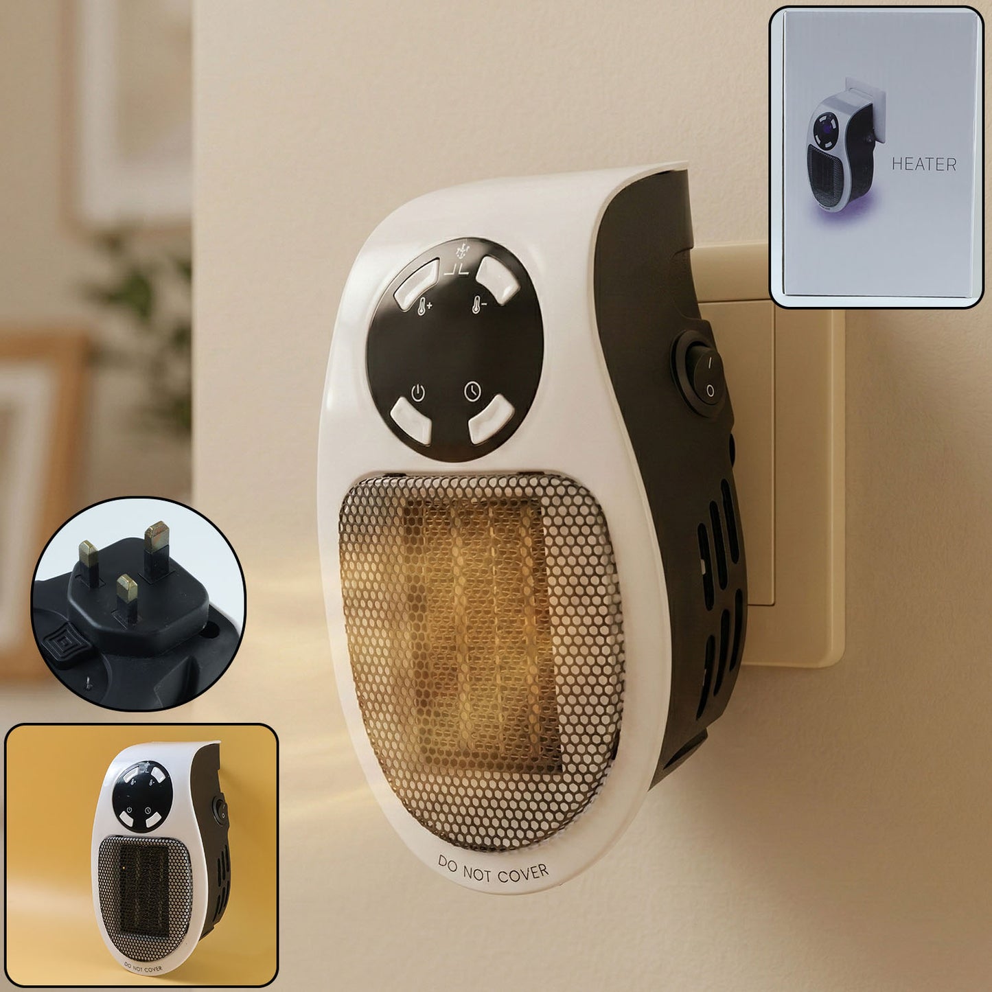 Wukusy 500W portable wall plug room heater, compact electric space heater with adjustable temperature and safety features.