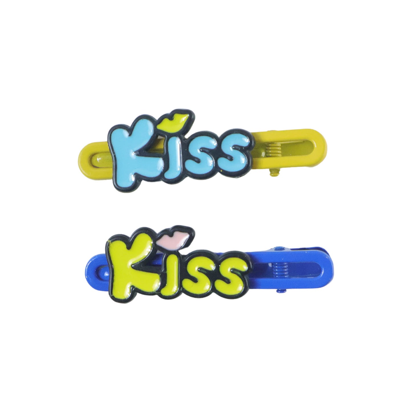 Pair of cute Wukusy Kiss Text hair clips in a set, featuring playful black and white designs on each clip.