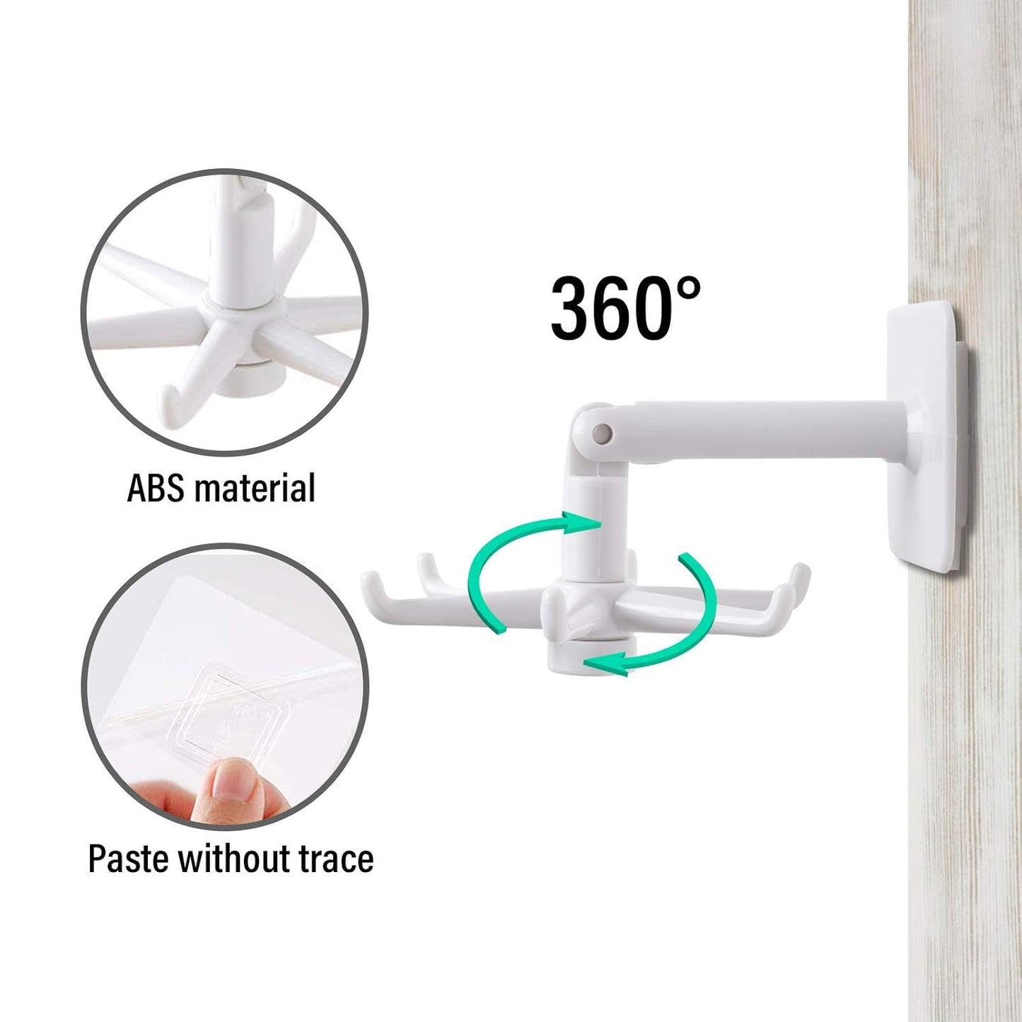 Wukusy 4644 360° rotating folding self-adhesive waterproof wall-mounted hook attached to a wall for hanging items.