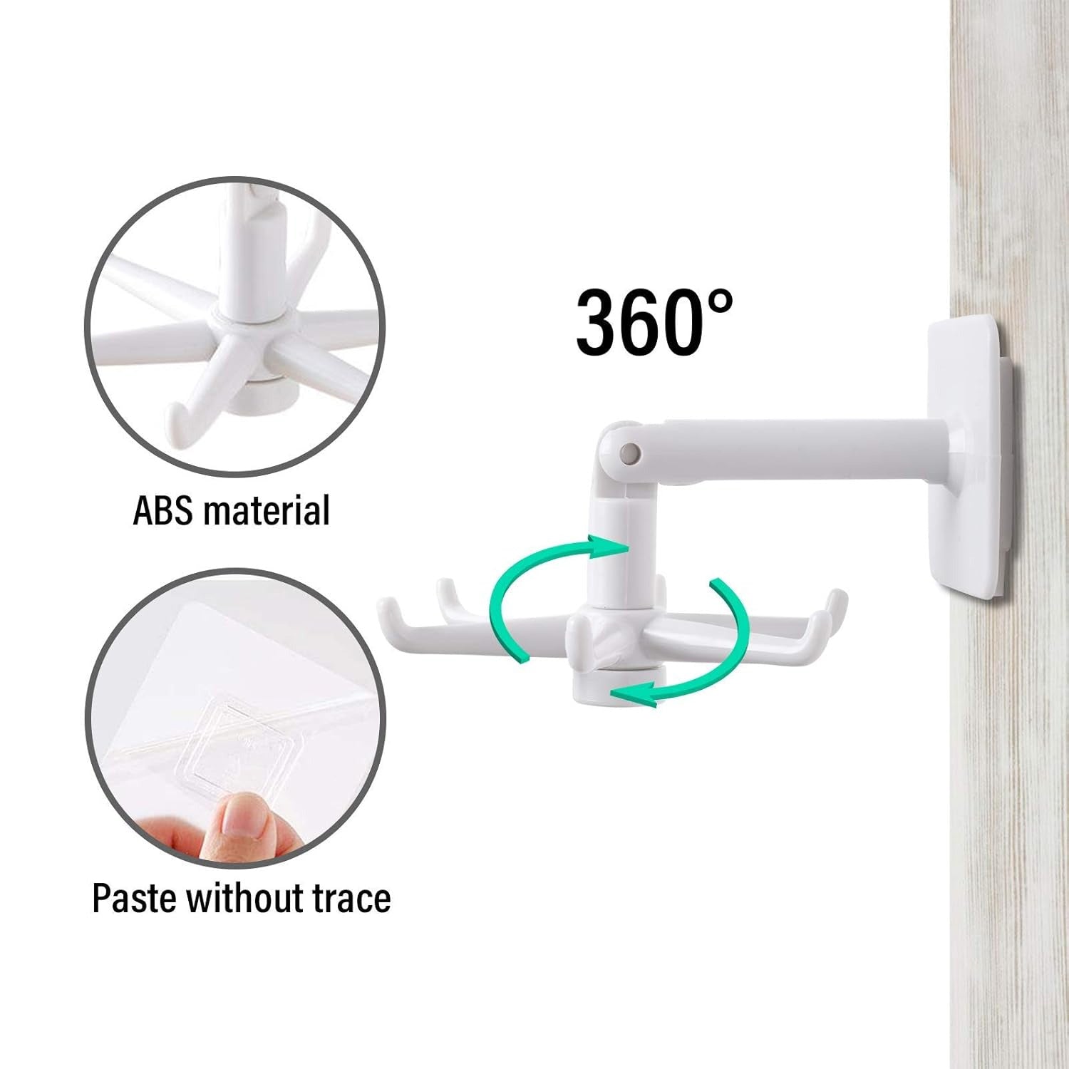 Wukusy 4644 360° rotating folding self-adhesive waterproof wall-mounted hook attached to a wall for hanging items.