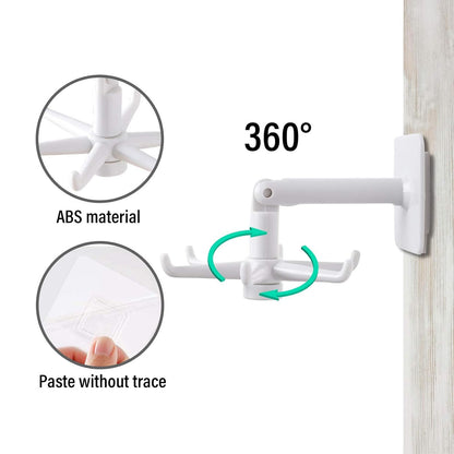 Wukusy 4644 360° rotating folding self-adhesive waterproof wall-mounted hook attached to a wall for hanging items.