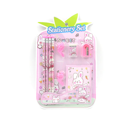 Wukusy 4298 stationery kit for kids with wooden pencil sharpener, eraser, small diary, and school supplies in a 9-piece set
