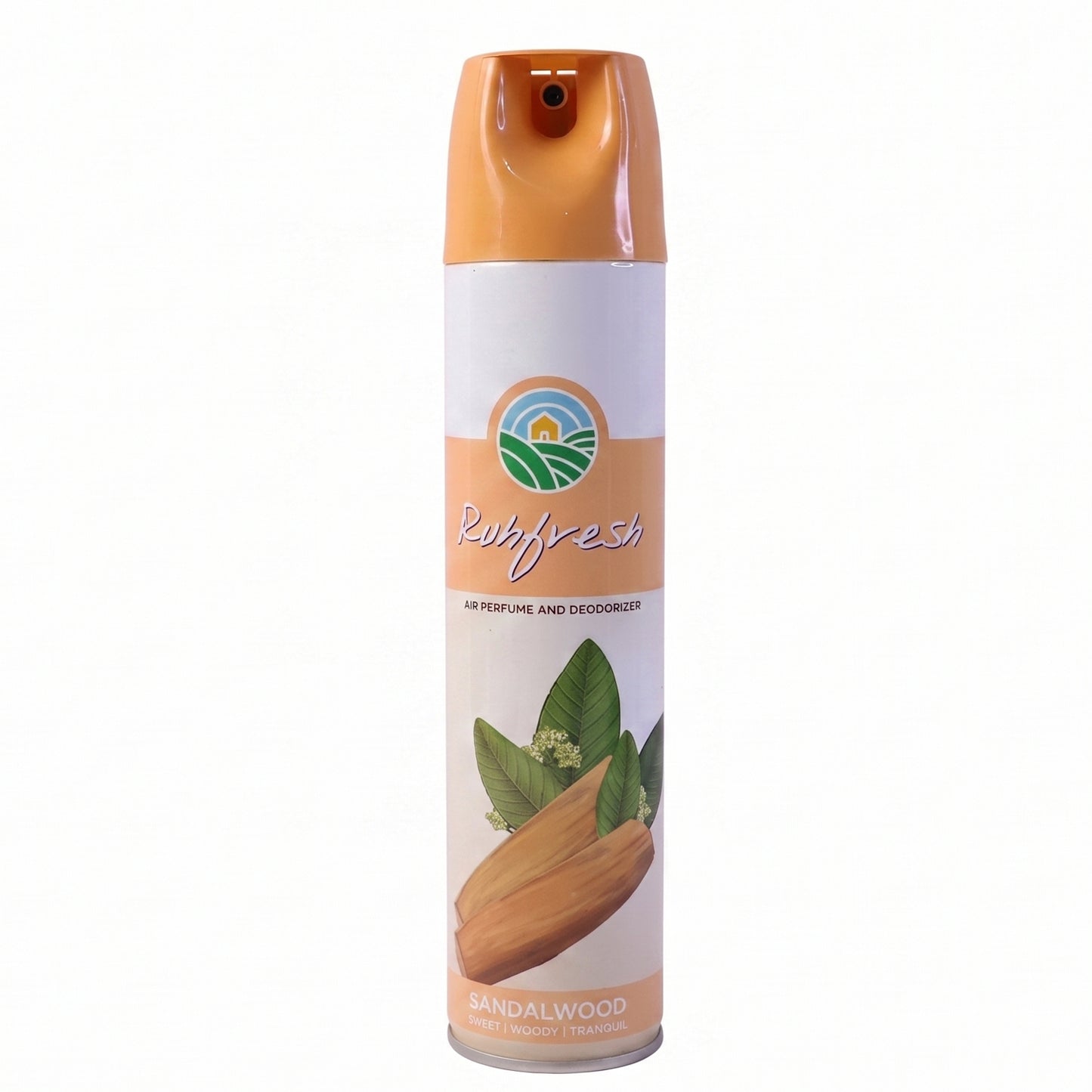 Wukusy sandalwood air freshener spray bottle, 220 ml, with a sleek design and wooden scent label visible.
