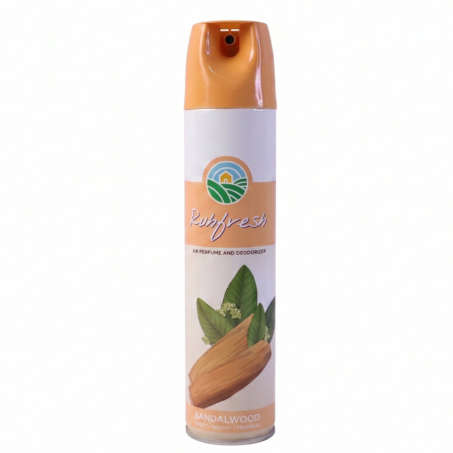 Wukusy sandalwood air freshener spray bottle, 220 ml, with a sleek design and wooden scent label visible.