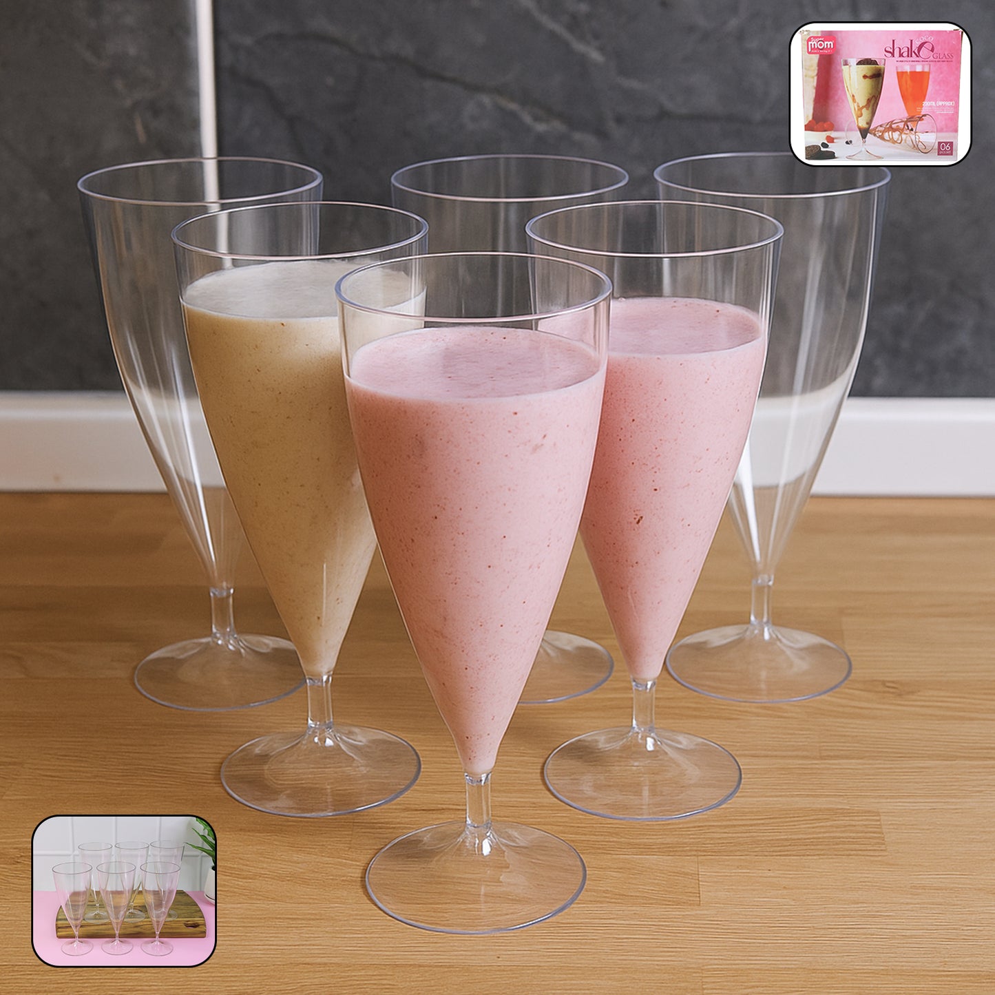 Six Wukusy Supermom Plastic Shake Coco Glass Set, 230ml each, colorful kitchen glasses for beverages and smoothies.