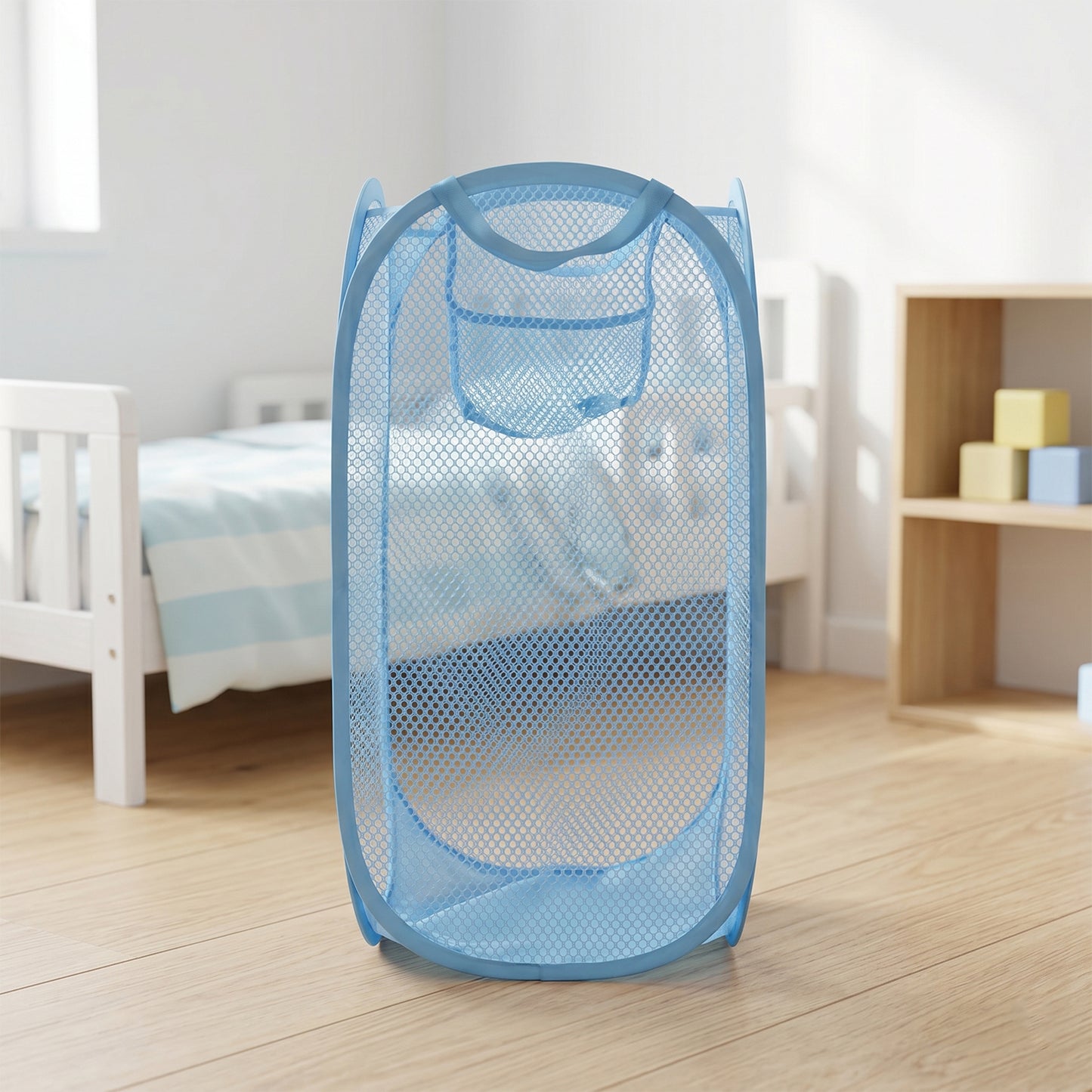Large Wukusy mesh pop-up laundry basket for clothes storage, 54x30cm, lightweight and breathable with sturdy handles.