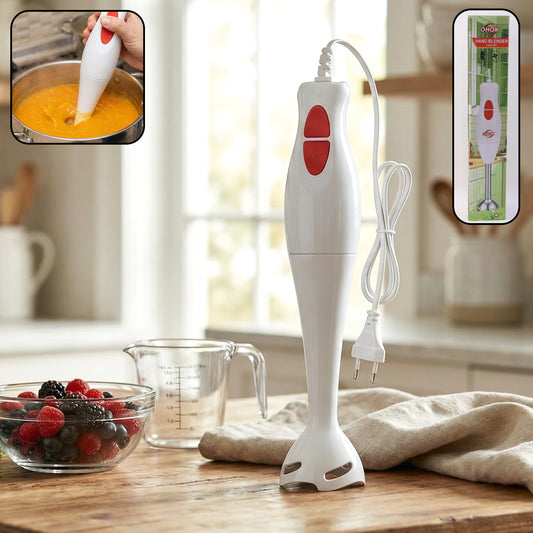Wukusy electric hand blender stick with stainless steel blending shaft and ergonomic handle, ideal for mixing and blending.