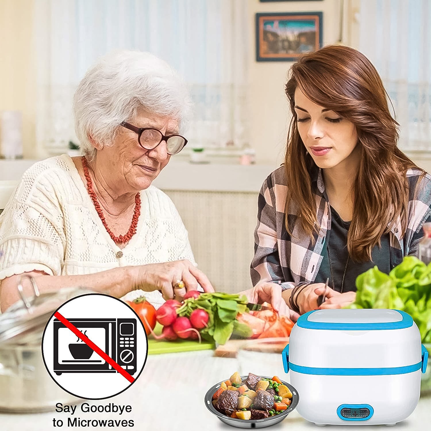 Wukusy electric lunch box with stainless steel bowls, 3-in-1 food heater, cooker, and steamer for home and kitchen use.