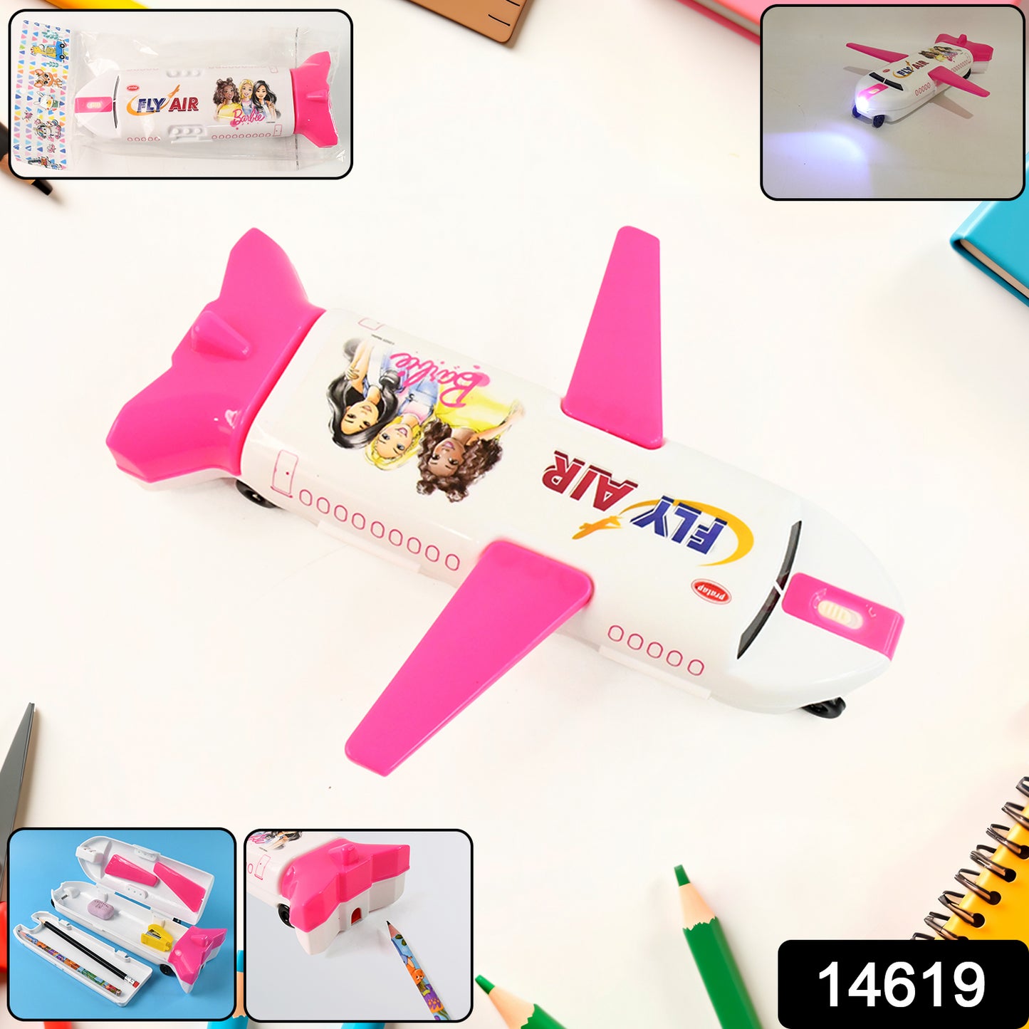Wukusy airplane-shaped compass box with LED light and built-in sharpener, designed for office use, displayed on a desk.