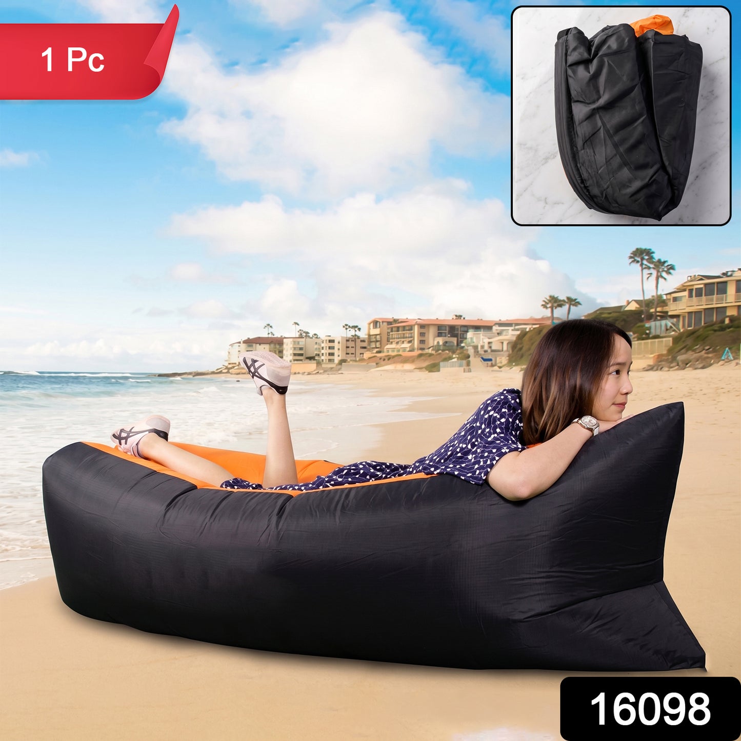 Wukusy inflatable air lounger sofa for pool, beach, and camping, showing the lightweight, portable design in a relaxed outdoor setting.