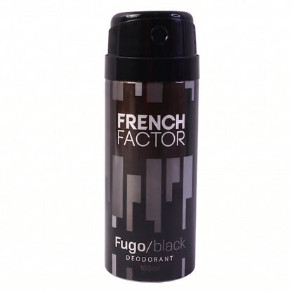 Wukusy French Factor Fugo Black deodorant body spray in 150ml bottle, showcasing sleek black packaging and spray nozzle.