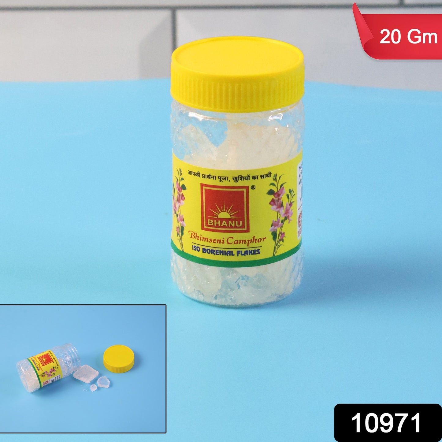 Wukusy Premium Bhimseni Camphor Iso Borneol flakes in a 20g package, shown in a clear image with the flakes visible.