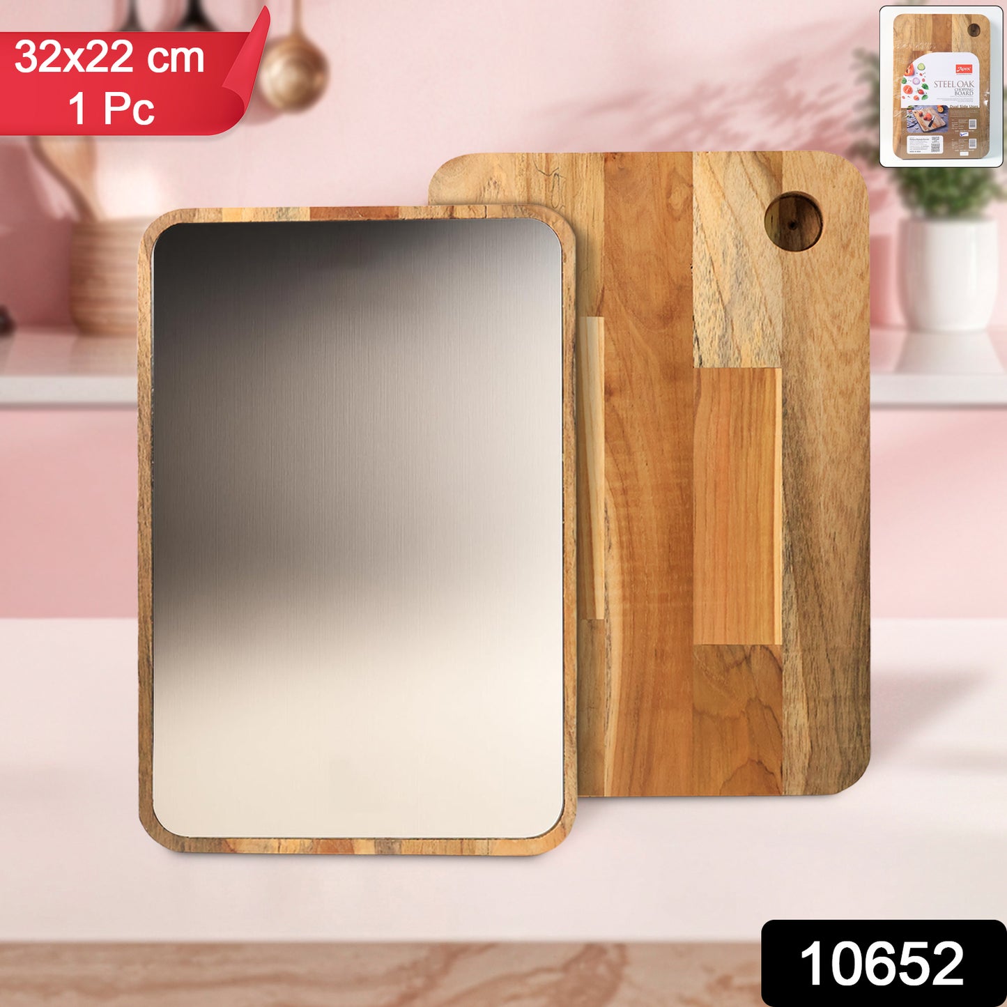 Wukusy Apex Steel Oak medium cutting board with wooden handle for kitchen food prep, durable and stylish for home use
