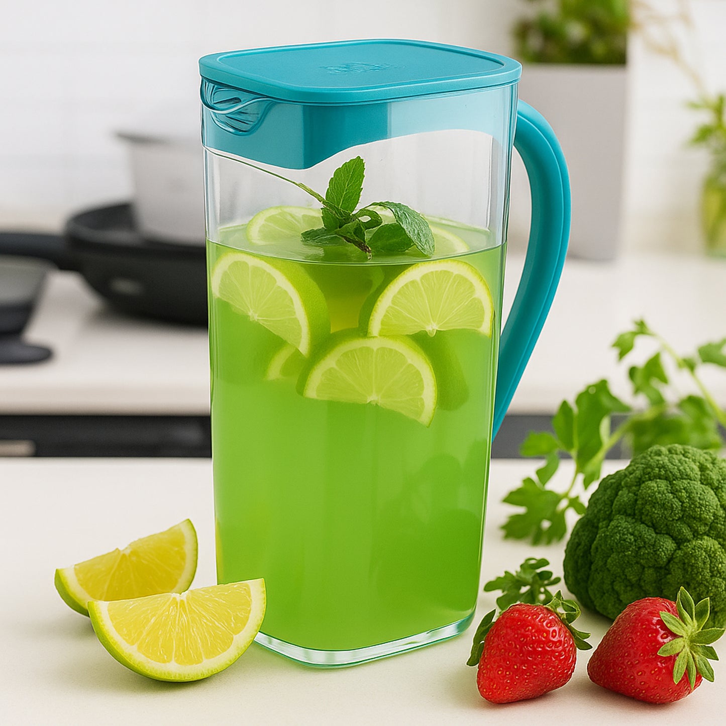 Wukusy Supermom plastic water juice jug, 1500ml capacity, clear container with handle for kitchen or home use
