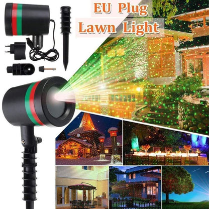 Wukusy 7350 Star Fairy Motion Laser Lights projector displaying multicolored star patterns on a garden lawn for outdoor decoration.