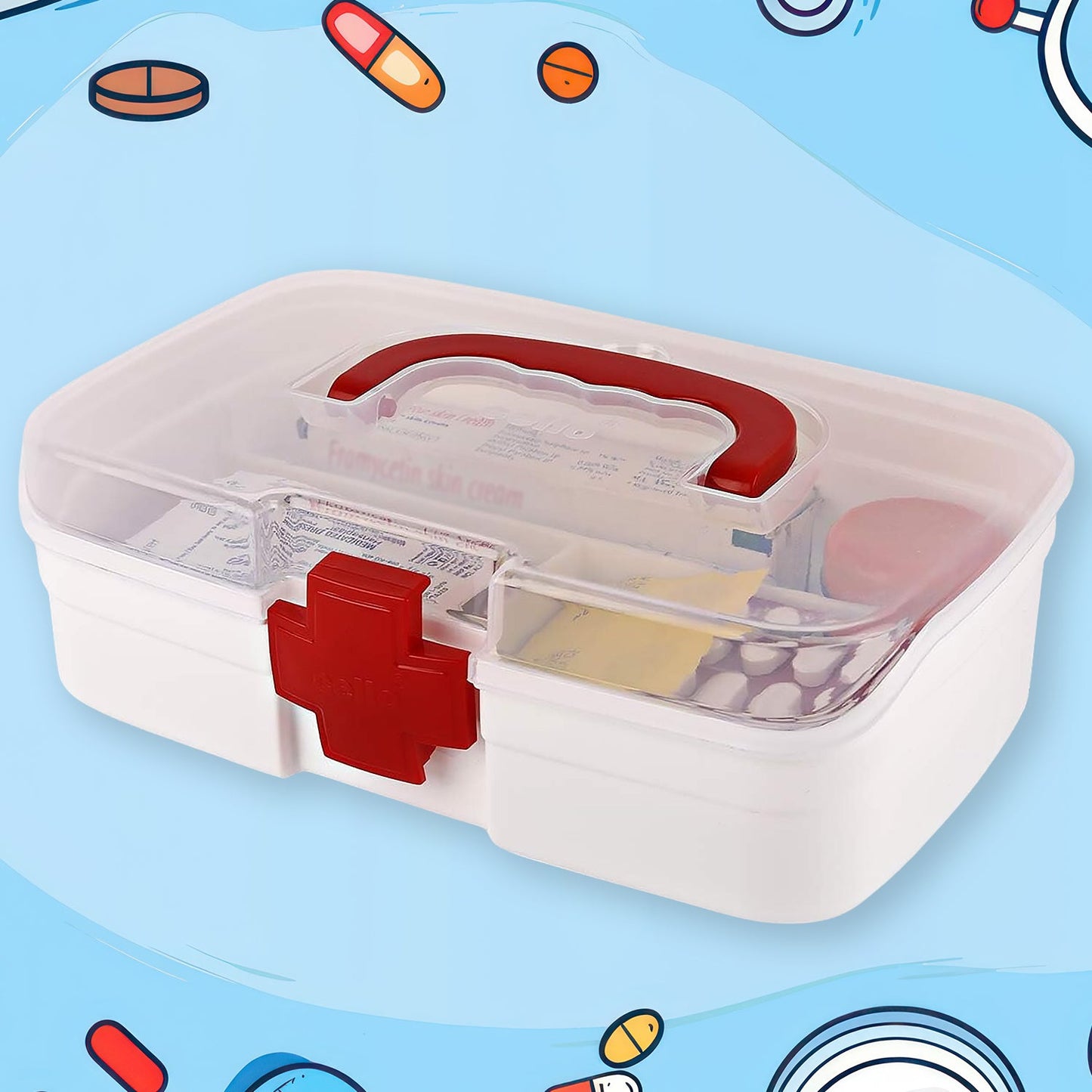 Wukusy 3-compartment medical box with transparent lid, detachable trays, handle, and colorful plastic design for first aid and medicine storage