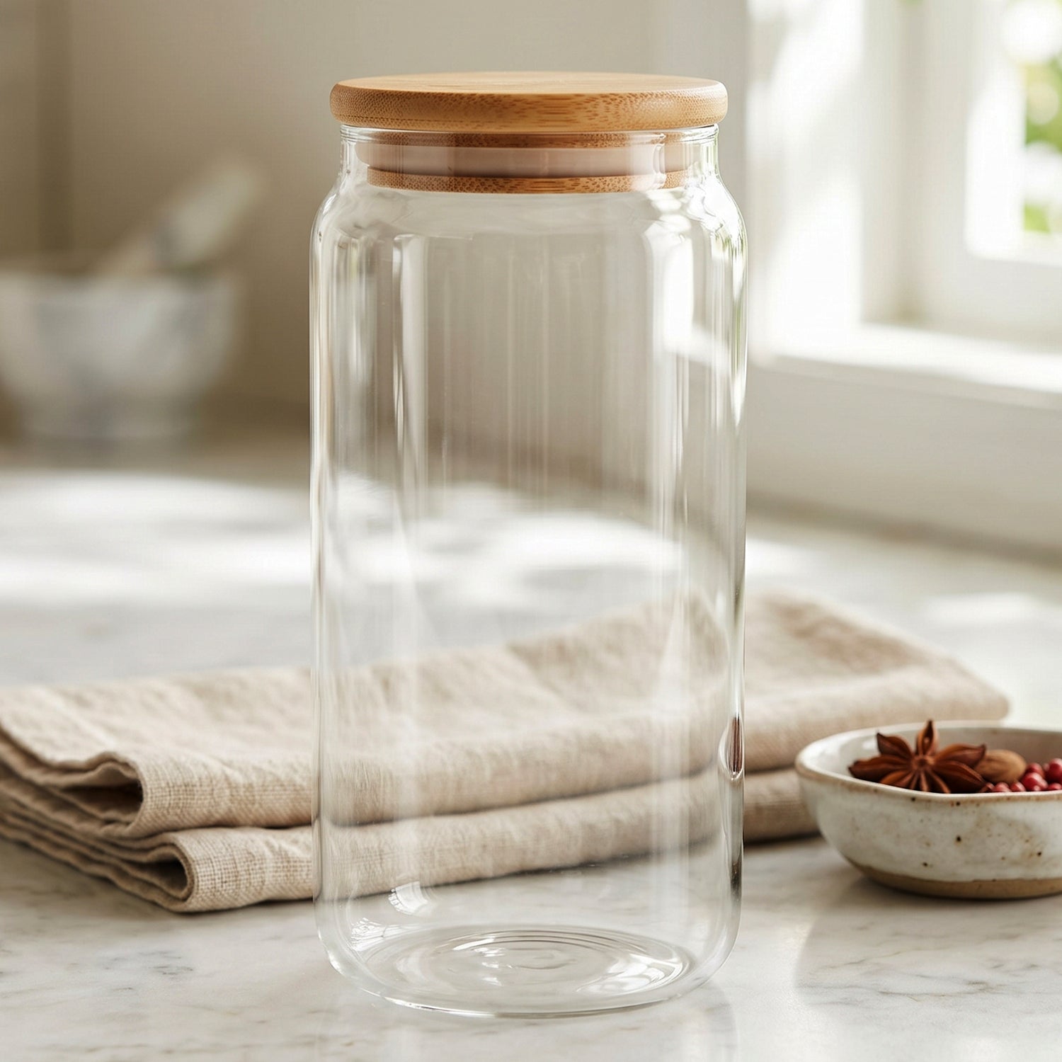 Wukusy airtight glass storage jar with bamboo wooden lid, perfect for kitchen canisters, clear glass with wooden lid in a modern design