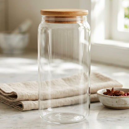 Wukusy airtight glass storage jar with bamboo wooden lid, perfect for kitchen canisters, clear glass with wooden lid in a modern design
