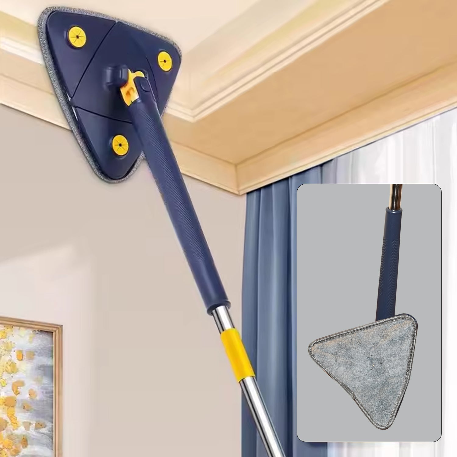 Wukusy 7725 rotatable adjustable triangle cleaning mop with stainless steel long handle, suitable for wet or dry floor and window cleaning