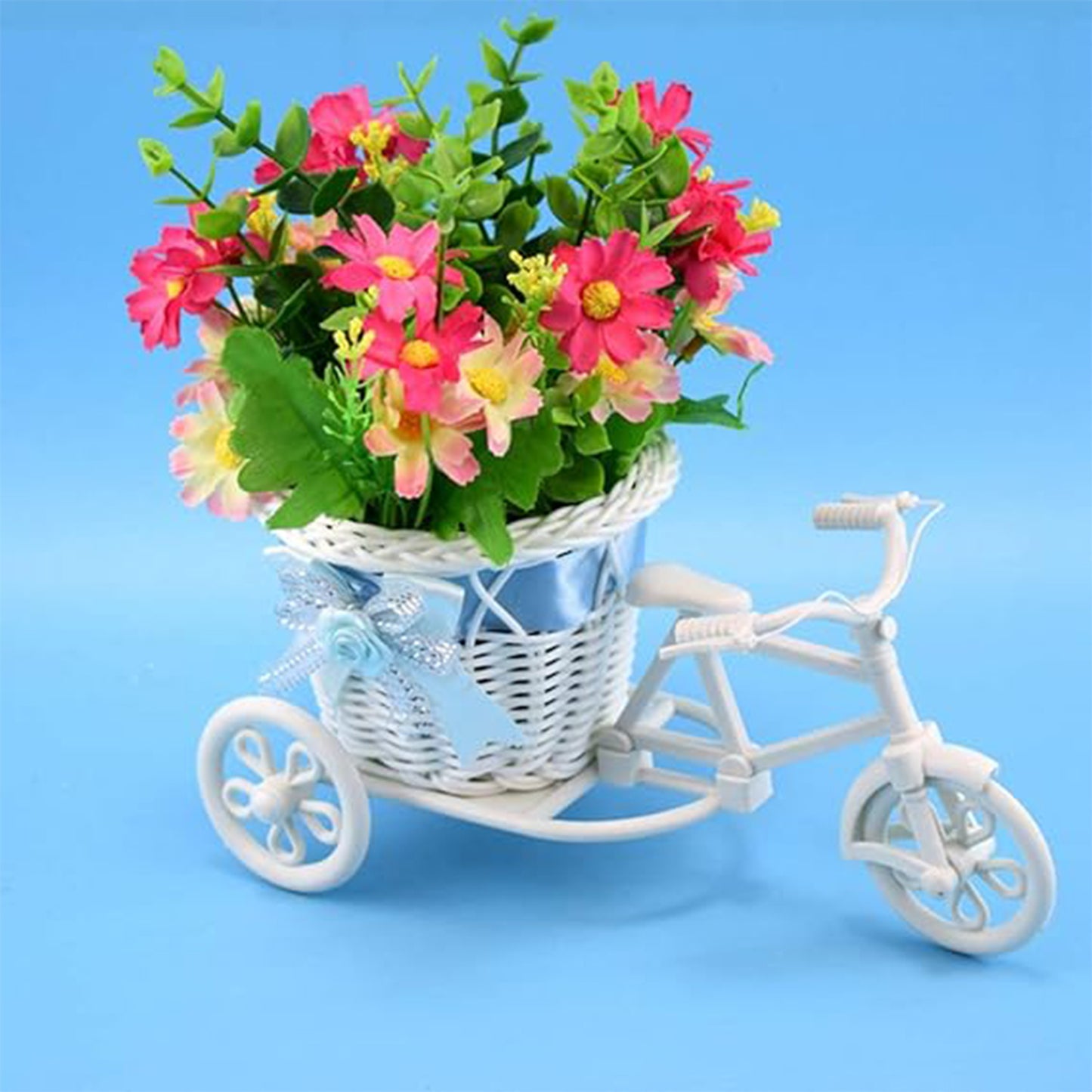 Plastic bicycle-shaped flower vase by Wukusy, designed for home decor with a stand for displaying flowers creatively.