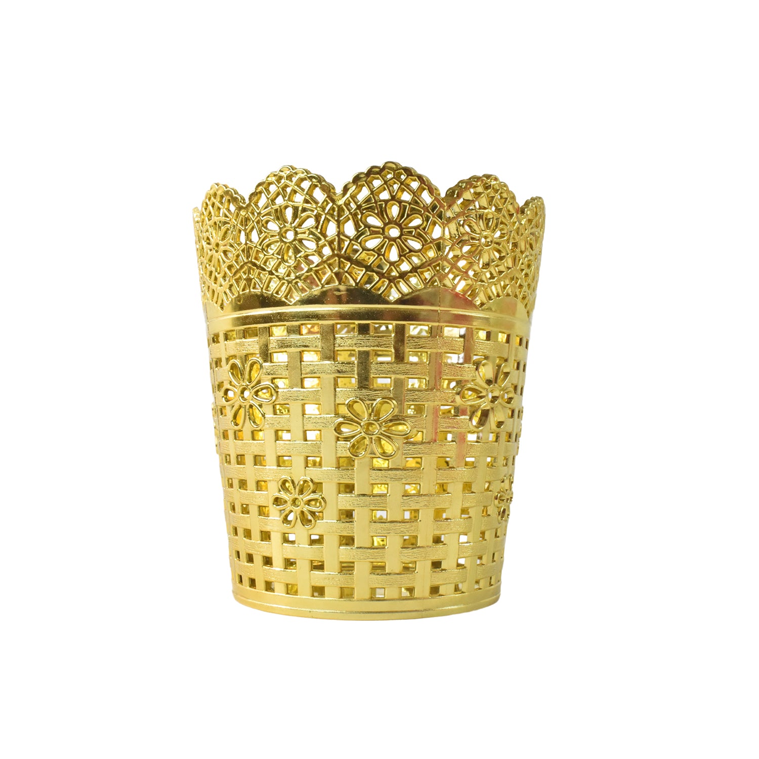 Wukusy metal mesh office pen holder on desk, organized with pens and stationery, durable metal desk accessory for office use.