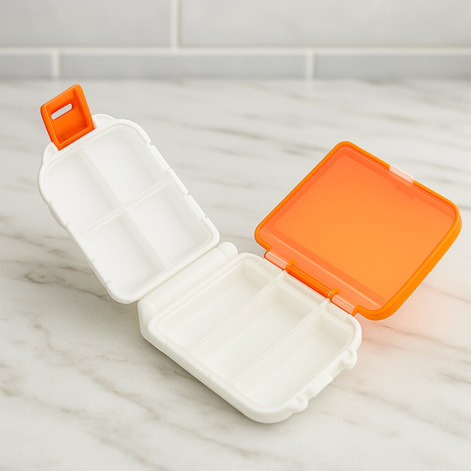 Portable dual-sided Wukusy pill organizer box for home use, featuring multiple compartments for easy medication management.