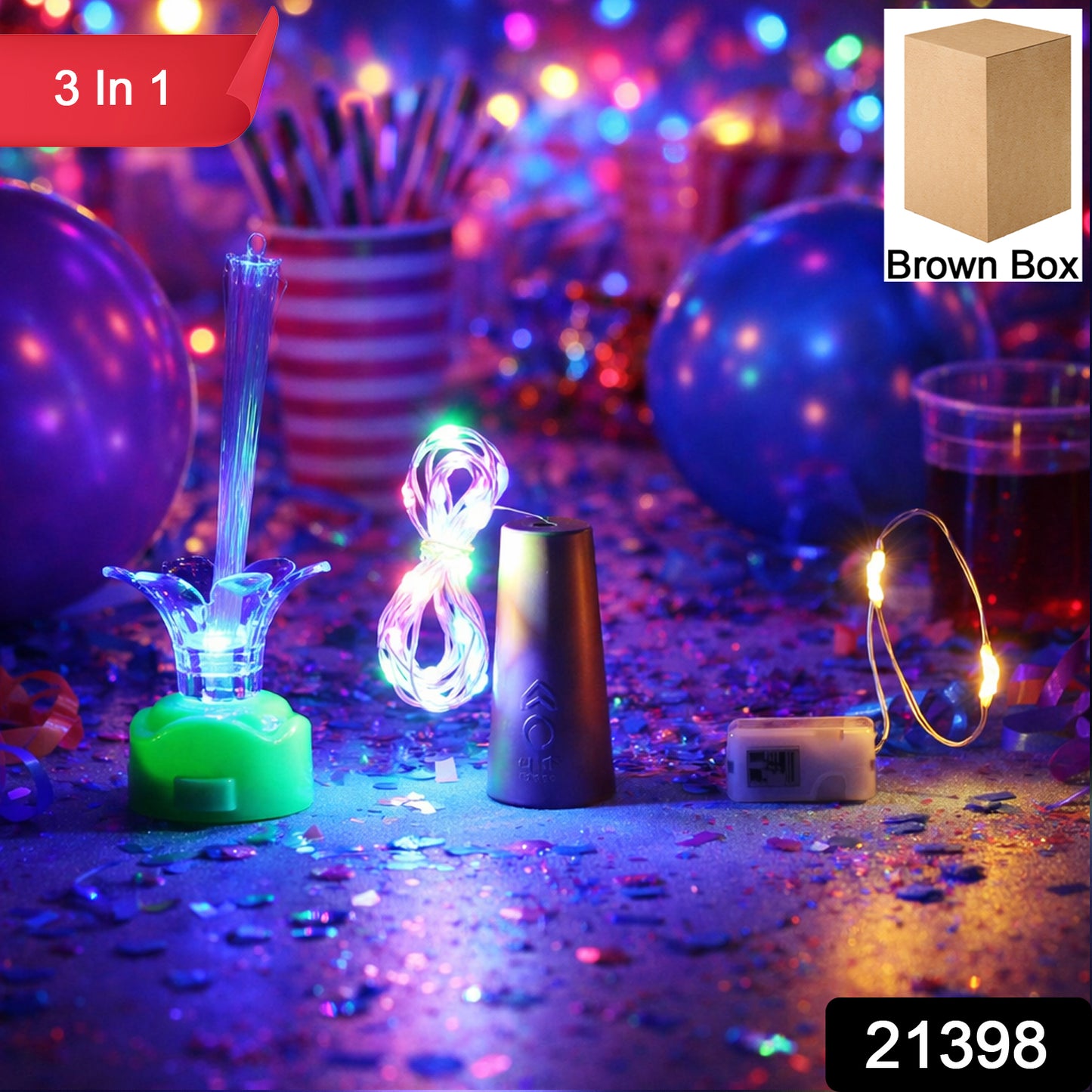 Wukusy 3-in-1 decorative LED party light combo set with colorful string lights and lanterns on a festive table display